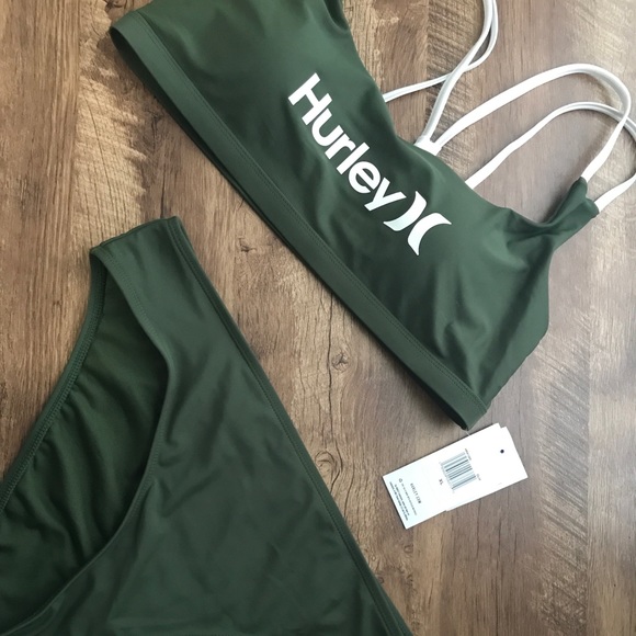 NWT Hurley High Waisted Strappy Back 2 Piece Olive Green XL - Picture 2 of 9